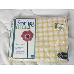 Spring Maid Full Size Deep Fitted Sheet 200 TC Pure Cotton Yellow Plaid